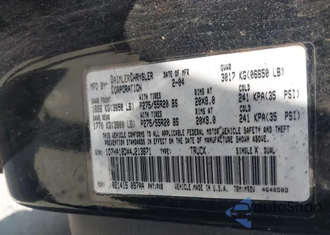 2004 Dodge Ram 1500 Slt/Laramie из США, поврежденный, VIN 1D7HA18DX4J213671